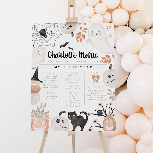 Halloween Baby Milestone Board, Spooky First Birthday Poster, 1st Birthday Milestone Poster, Milestone Sign, Edit w TEMPLETT, WLP-BLB 6076