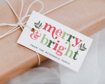 Peut inclure: Un sac cadeau en papier brun attaché avec de la ficelle et une étiquette cadeau blanche sur laquelle est inscrit "merry & bright" avec des feuilles vertes et des baies rouges. L'étiquette indique également "from the mcdonald family".