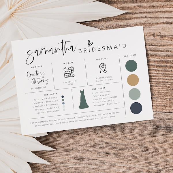 Editable Bridesmaid Information Card, Bridal Party Information Template, Bridal Proposal Card, Infographic, Edit with TEMPLETT, WLP-SIL 5252