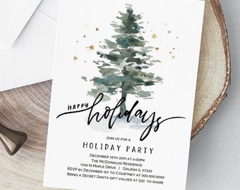 May include: A watercolor illustration of a green Christmas tree with gold stars on a white background. The text "Happy Holidays" is written in cursive above the tree. The text below the tree reads "Join us for a Holiday Party December 14th 2019 at 6:00pm The McDonalds Residence 1745 N Maple Drive Galena IL 57243 RSVP by December 1st to Courtney at 000.000.0000 Bring a Secret Santa gift valued at $20 to share."