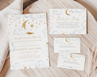 May include: A set of baby shower invitations with a blue and gold color scheme. The invitations feature a crescent moon, stars, and clouds. The text on the invitations reads "Twinkle twinkle little star, do you know how loved you are?" and "Madison and James".