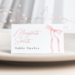 Pink Bow Place Cards, Coquette Place Card Template, Editable Place Cards, Bow Escort Cards, Edit with TEMPLETT, WLP-BOW 8102