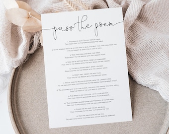 Pass the Poem Bridal Shower Game, Pass the Prize Game Card, Minimalist Bridal Shower, Edit with Templett, WLP-ODA 5841