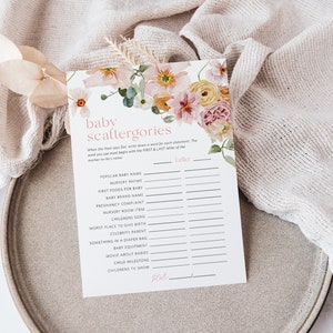 Wildflower Scattergories Game, Scattergories Game Card, Baby Scattergories, Printable Baby Shower Game, Edit with TEMPLETT, WLP-SPR 5374