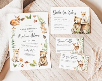 Peut inclure: Un ensemble d'invitations de fête prénatale sur le thème de la forêt. Les invitations présentent un ours brun, un renard, un cerf et un lapin. Le texte sur les invitations indique "Baby Shower Picnic" et "Madison Adams".