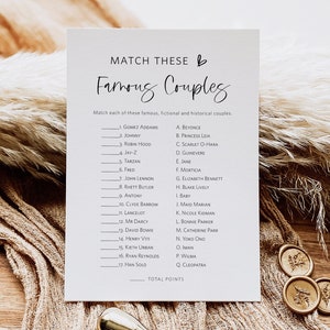 Famous Couples Match Game, Minimalist Bridal Shower Match Game, Match the Couples Game, Edit with TEMPLETT, WLP-SIL 5430