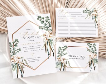 Boho Bridal Shower Invitation Set, Eucalyptus Bridal Shower Invitation, Details Card, Recipe Card, Instant Download, TEMPLETT, WLP-BOH 5006