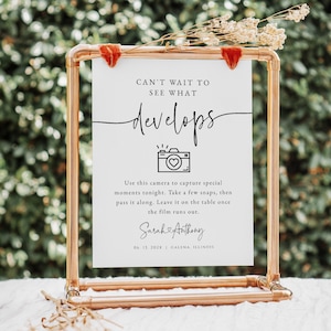 Signo de cámara desechable para bodas, No puedo esperar a ver qué se desarrolla el signo, signo de boda minimalista, editar con TEMPLETT, WLP-PAL 5974