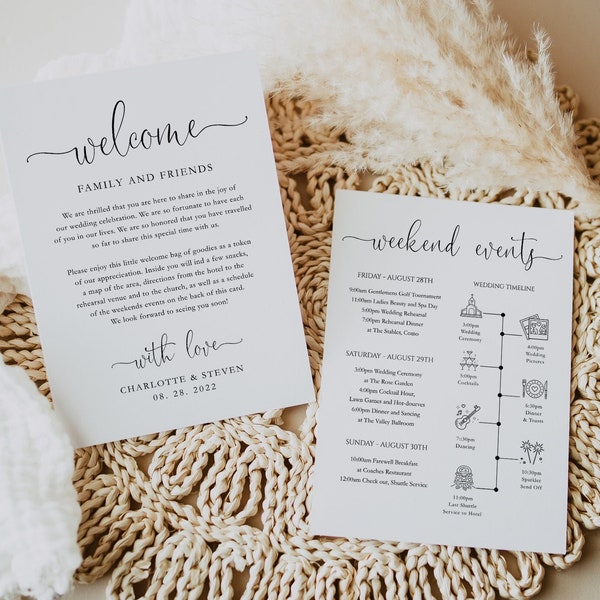Welcome Letter & Timeline Card, Minimalist Wedding Order of Events, Itinerary Card, Edit with TEMPLETT, Instant Download, WLP-FAA 5526