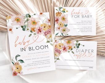 Baby in Bloom Invitation, Floral Baby Shower Bundle, Baby Shower Invitation, Books for Baby Card, Diaper Raffle, TEMPLETT, WLP-SPR 5338