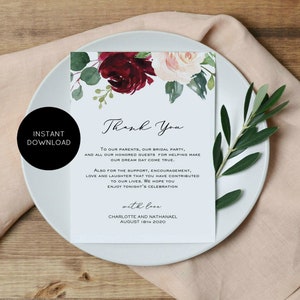 Mot de remerciement pour mariage Bordeaux, modèle de carte de remerciement imprimable, carte de remerciement de mariage, téléchargement immédiat, PDF modifiable, WLP-BBU 1593
