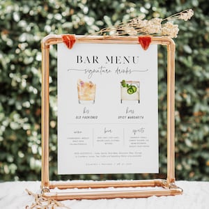 Bar Menu Sign, Signature Drinks Sign Template, Editable Drinks Sign, Wedding Bar Menu Sign, Cocktails Bar Sign, TEMPLETT, WLP-PAL 5831