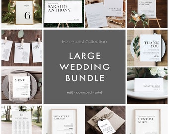 May include: A collection of printable wedding stationery templates in a minimalist style. The templates include a table number, menu, seating chart, signature drinks sign, welcome sign, thank you card, and a custom sign. The text on the templates is in black and white.