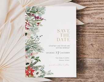 May include: Save the date card with a watercolor floral design featuring red, white, and green flowers and greenery. The text reads "Save the Date" in gold lettering, followed by "Courtney and Steven are getting married!" in black lettering. The date is listed as "Saturday 17 December" and the location is "The Stables Hotel, Galena, Illinois".