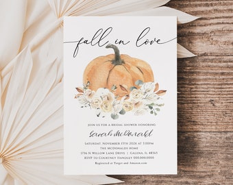 Fall Bridal Shower Invitation, Autumn Bridal Shower Pumpkin Invitation, Fall in Love Invitation, Edit with TEMPLETT, WLP-OPU 3445