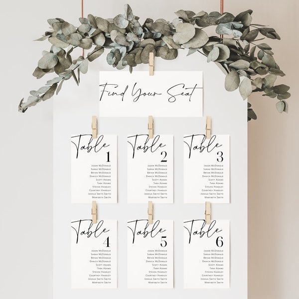 Modern Seating Chart Cards, Table Seating Chart, Wedding Seating Cards, Script Seating Cards, 2 Sizes, Edit with TEMPLETT, WLP-SAL 5496