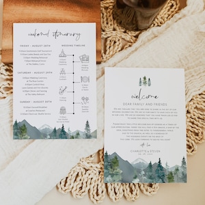 Welcome Letter & Timeline Card, Mountain Wedding Order of Events, Itinerary Card, Edit with TEMPLETT, Instant Download, WLP-MOU 5521