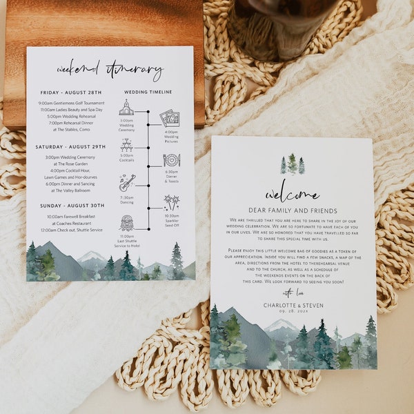 Welcome Letter & Timeline Card, Mountain Wedding Order of Events, Itinerary Card, Edit with TEMPLETT, Instant Download, WLP-MOU 5521