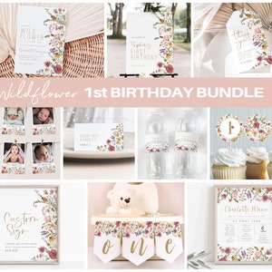 Wildflower First Birthday Invitation Bundle, Printable Birthday Invitation, 1st Birthday Decorations Set, Milestone, TEMPLETT, WLP-WIL 5262