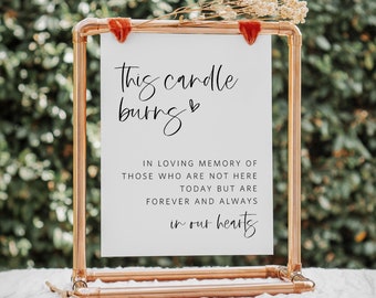 May include: A white sign with black text in a copper pipe frame. The sign reads "This candle burns" with a heart symbol and "In loving memory of those who are not here today but are forever and always in our hearts".