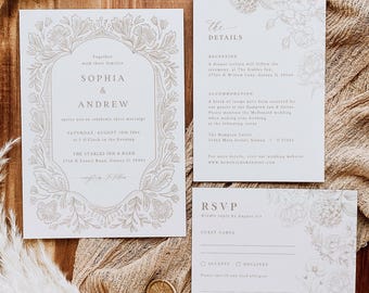 Beige Toile Wedding Invitation Set, Vintage Wedding Invitation Suite, Neutral Floral Wedding Invite, Edit with TEMPLETT, WLP-BEI 8590