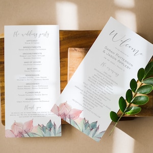 Succulent Wedding Program, Printable Wedding Ceremony Program, Pink Succulent Wedding Program Template, Edit with TEMPLETT, WLP-PPS 2899