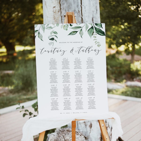 Greenery Wedding Seating Chart, Printable Table Seating Chart, Eucalyptus Seating chart Template, Edit with TEMPLETT, WLP-LEA 4143