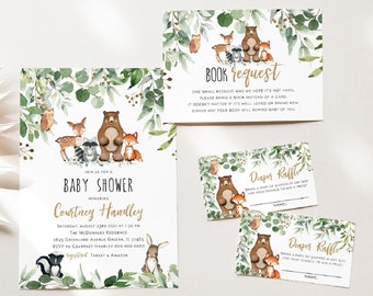 Woodland Baby Shower Invitation, Baby Shower Bundle, Baby Shower Invitation Set, Books for Baby Card, Diaper Raffle, TEMPLETT, WLP-RWW 4006