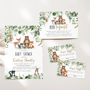 Woodland Baby Shower Invitation, Baby Shower Bundle, Baby Shower Invitation Set, Books for Baby Card, Diaper Raffle, TEMPLETT, WLP-RWW 4006