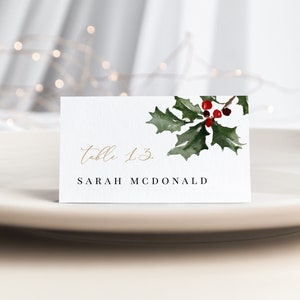 Christmas Holly Place Card Template, Holiday Party Seating Card, Name Card, Instant Download, Edit with TEMPLETT, WLP-RHO 4687