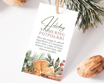 May include: A white card with a handwritten title "Holiday Simmering Potpourri" and instructions for making a simmering potpourri. The card has a watercolour illustration of an orange slice, cinnamon sticks, star anise, and pine needles.