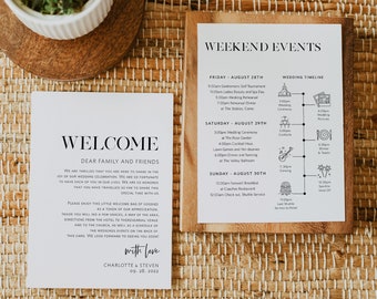 Welcome Letter & Timeline Card, Minimalist Wedding Order of Events, Itinerary Card, Edit with TEMPLETT, Instant Download, WLP-SLI 3890