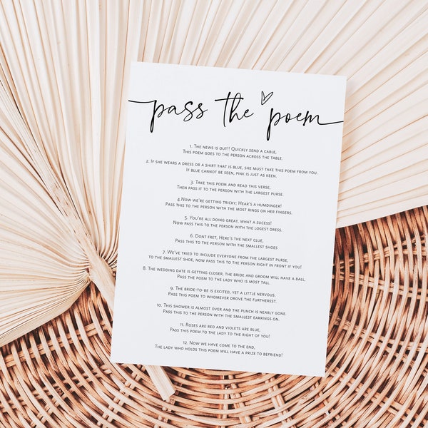 Pass the Poem Bridal Shower Game, Pass the Prize Game Card, Minimalist Bridal Shower, Edit with Templett, WLP-SIL 5426