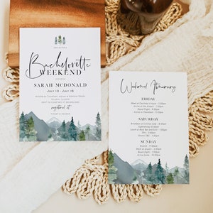 Mountain Bachelorette Weekend Invitation, Bridal Shower Invitation, Weekend Itinerary Invitation, Edit with TEMPLETT, WLP-MOU 2616