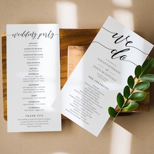 May include: A wedding ceremony program with a white background and black text. The program includes the names of the bride and groom, Sarah Patterson and Jason McDonald, and the order of the ceremony. The program also includes the names of the wedding party.