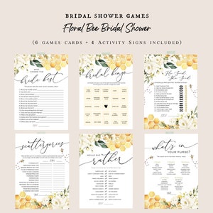 May include: A set of six printable bridal shower game cards featuring a floral bee theme. The games include "Who Knows the Bride Best", "Bridal Bingo", "He Said She Said", "Scattergories", "Would She Rather", and "What's in Your Purse?"