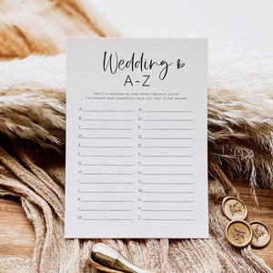 Wedding A-Z Game, Alphabet Wedding Item Game, Minimalist Bridal A-Z Game, Printable Brdal Shower Game, Edit with TEMPLETT, WLP-SIL 5428