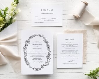 Wreath Wedding Invitation Suite, Editable Wedding Invitation, Minimalist Wedding Suite, Templett Wedding Invitation, WLP-BWR 3107