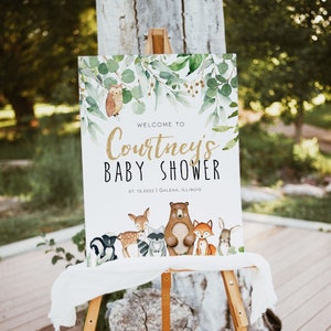 Woodland Welcome Sign, Greenery Welcome Poster, Printable Baby Welcome Sign Poster, Woodland Animals Sign, TEMPLETT, WLP-RWW 3995