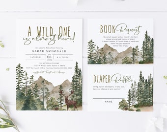 Mountains Baby Shower Invitation, Baby Shower Bundle, Outdoors Baby Shower, Books for Baby Card, Diaper Raffle, TEMPLETT, WLP-PFO 4752