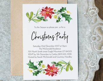 Christmas Invitation Template, Printable Holly Christmas Invitation, Christmas Party Invite, Instant Download Editable PDF, WLP532