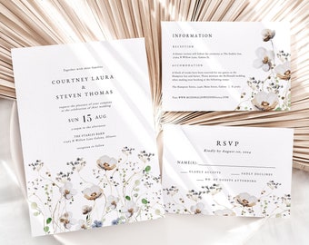 Boho Wedding Invitation Suite, Wildflower Wedding Invitation, Printable Wedding Invite, Instant Download, Edit with TEMPLETT, WLP-IKE 4729