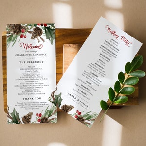 May include: A wedding ceremony program with a wintery pine cone and holly design. The program includes the names Charlotte and Patrick, the date 13.14.2023, and the wedding party.