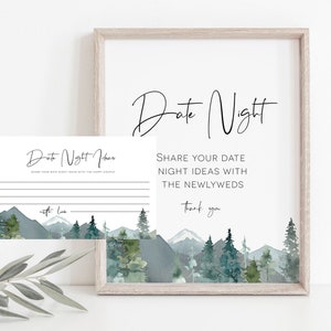 Bergen bruids douche datum nacht teken en schrijfkaarten, datum nacht teken, pijnbomen bruids douche set, TEMPLETT, WLP-MOU 2618