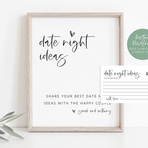 Signo minimalista de ideas de citas nocturnas, consejos de citas nocturnas de bodas, tarjeta de citas nocturnas, letrero de boda, juego de despedida de soltera, TEMPLETT, WLP-SIL 3604