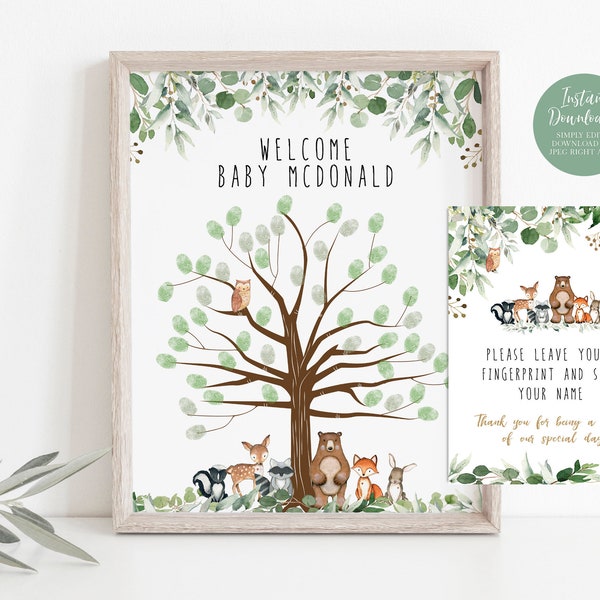 Woodland Fingerprint Tree, Guest Fingerprint Tree Template, Printable Baby Shower Poster, Instant download, Edit with TEMPLETT, WLP-RWW 4155