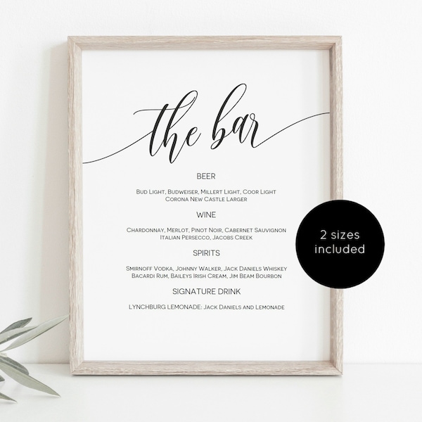 Bar Menu Sign Template, Wedding Bar Sign Printable, Bar Menu Wedding Sign, Printable Bar Sign, Edit with TEMPLETT, WLP-SOU 1202