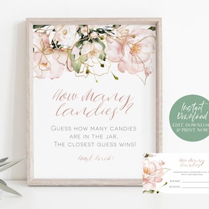 Blozen snoep raadspel, raad eens hoeveel snoepjes, baby shower spel, bloemen baby shower teken + kaarten set, bewerken met TEMPLETT, WLP-PGO 4367