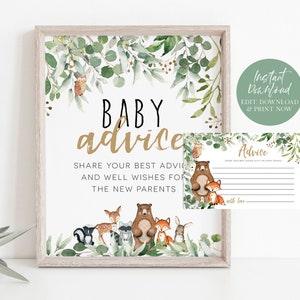 Woodland Baby Advice Cards, Baby Advice Sign, Greenery Advice Cards Template, Baby Advice Sign Printable, TEMPLETT, WLP-RWW 4001