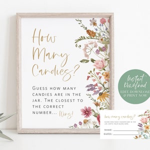 Candy Guessing Game, Guess How Many Candies, Baby Shower Game, Wildflower Baby Shower Sign + Cards Set, Edit with TEMPLETT, WLP-WIL 4705